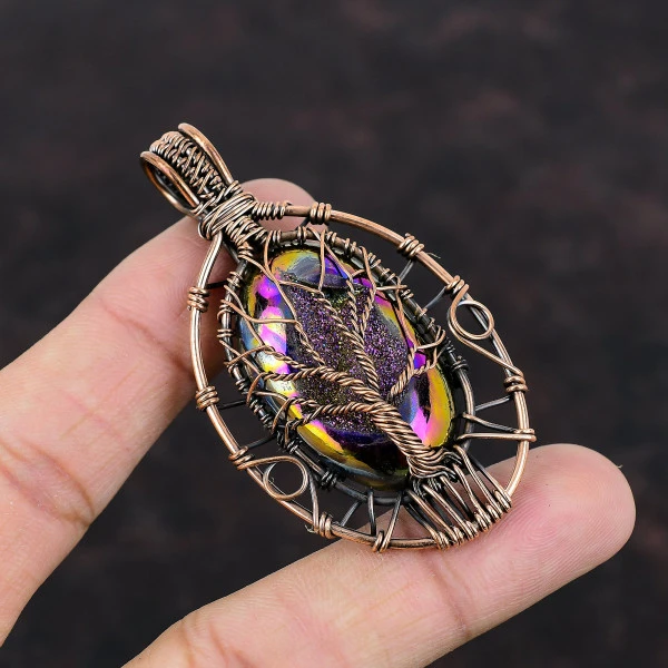 Tree Of Life Titanium Druzy Pendant Gemstone Copper Wire Wrapped Handmade Jewelry