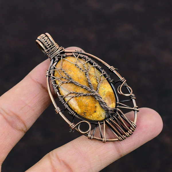Tree Of Life Fossil Coral Pendant Gemstone Copper Wire Wrapped Handmade Jewelry