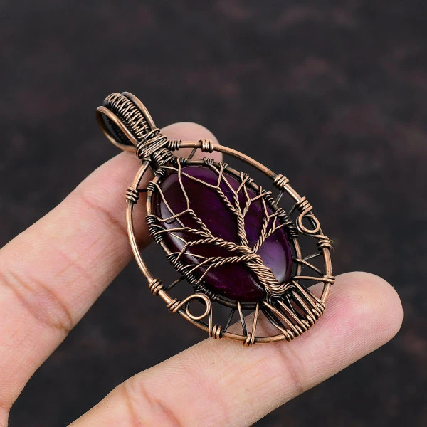 Tree Of Life Purple Fire Labradorite Pendant Gemstone Copper Wire Wrapped Jewelry