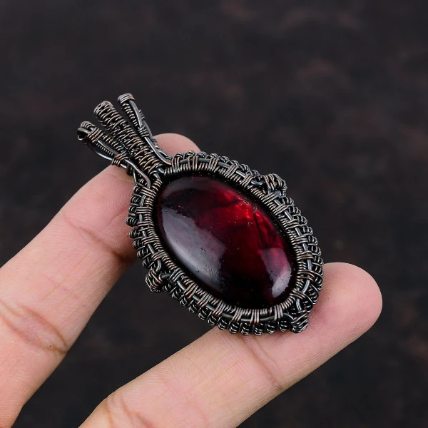 Red Fire Labradorite Oval Red Handmade Copper Wire Wrapped Pendant