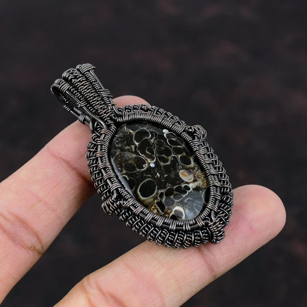 Turritella Agate Oval Brown Handmade Copper Wire Wrapped Pendant