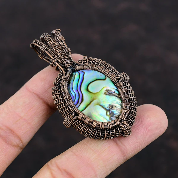 Abalone Shell Oval Green Handmade Copper Wire Wrapped Pendant