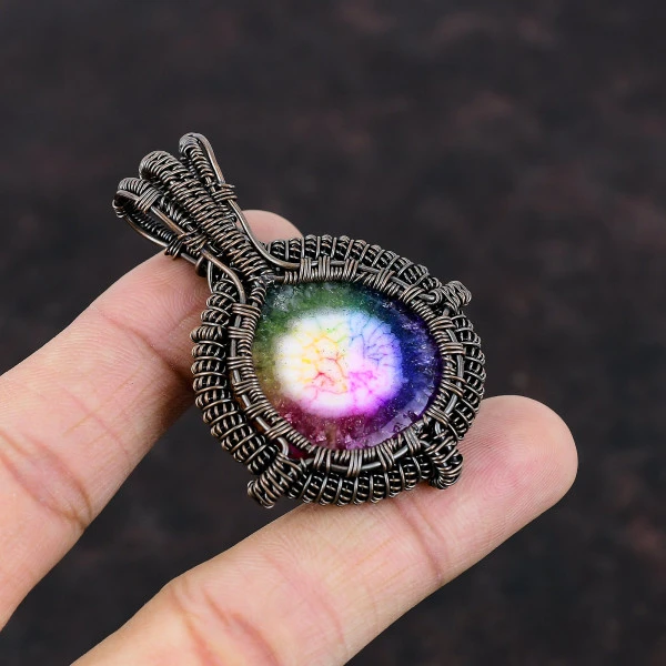 Rainbow Solar Quartz Druzy Oval Pink Handmade Copper Wire Wrapped Pendant