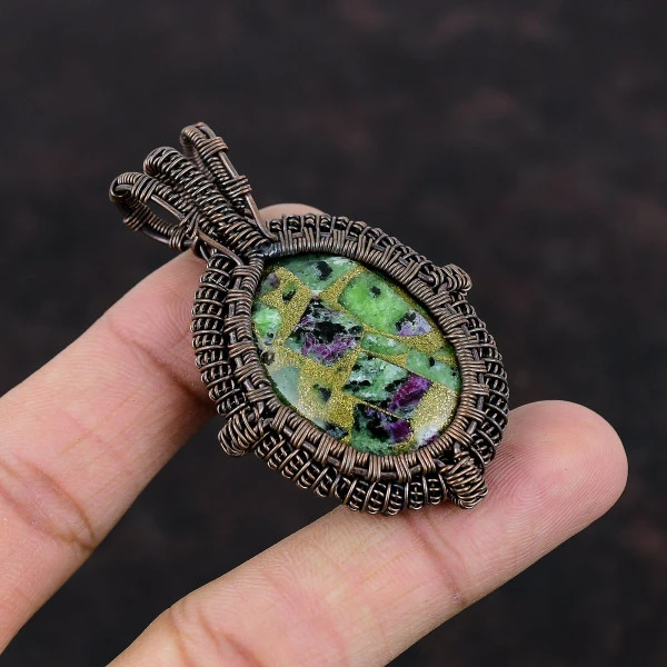 Copper Ruby Zoisite Oval Green Handmade Copper Wire Wrapped Pendant