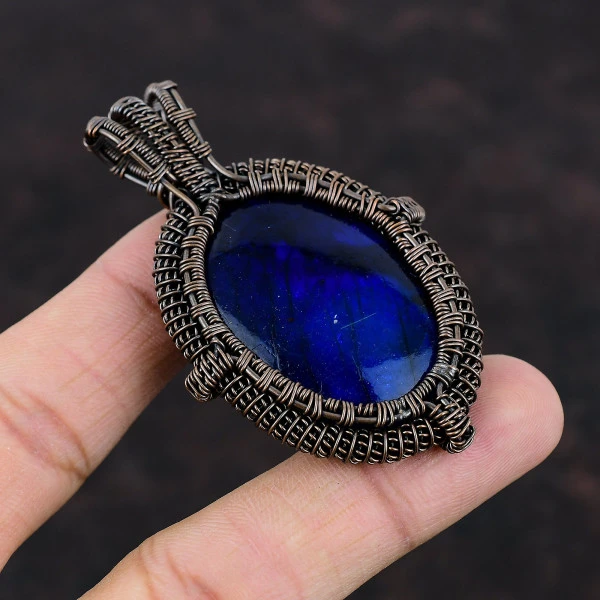 Blue  Fire Labradorite Oval Blue Handmade Copper Wire Wrapped Pendant