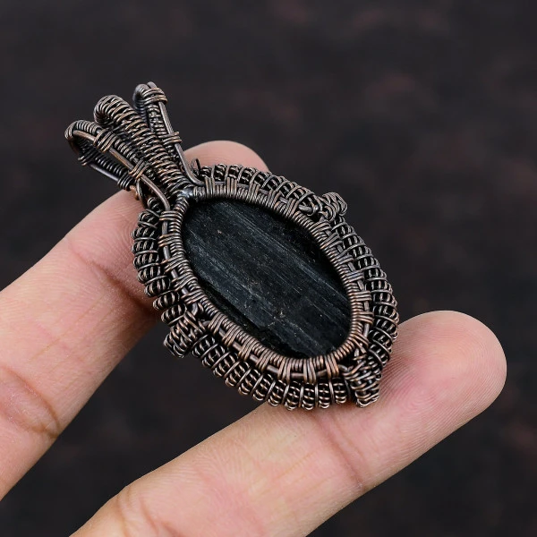 Black Tourmaline Rough Oval Black Handmade Copper Wire Wrapped Pendant