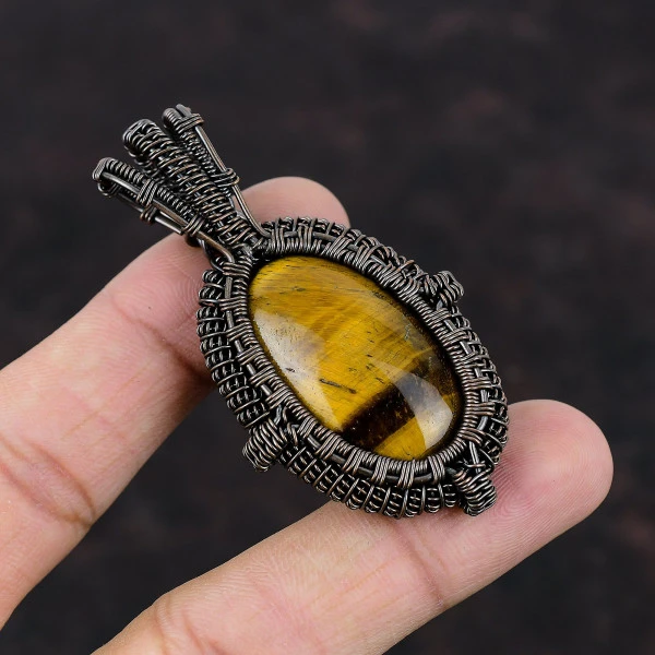 Tiger's Eye Oval Brown Handmade Copper Wire Wrapped Pendant