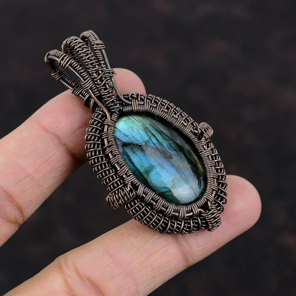 Labradorite Oval Gray Handmade Copper Wire Wrapped Pendant