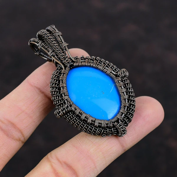 Sleeping Beauty Turquoise Oval Blue Handmade Copper Wire Wrapped Pendant