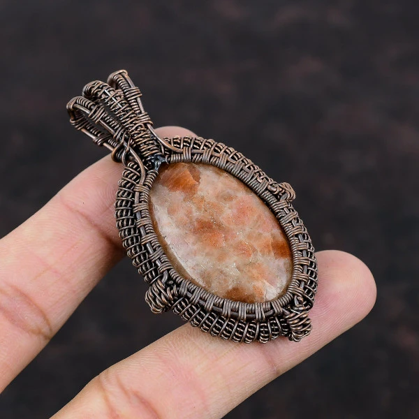 Sunstone Oval Orange Handmade Copper Wire Wrapped Pendant