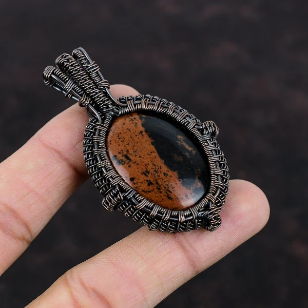 Mahogany Obsidian Oval Brown Handmade Copper Wire Wrapped Pendant