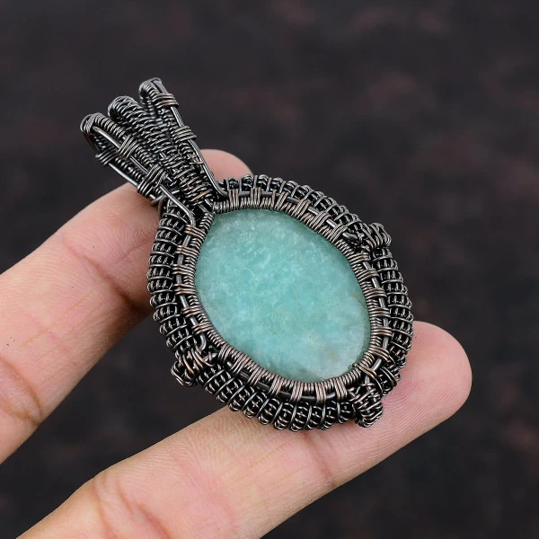 Amazonite Oval Green Handmade Copper Wire Wrapped Pendant