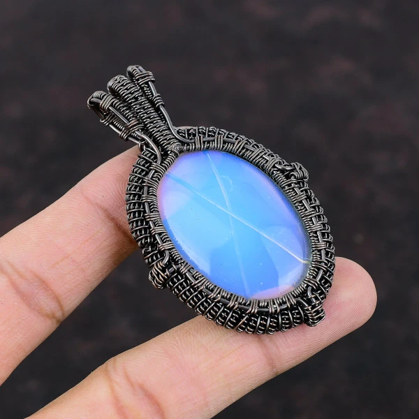 Milky Opal Oval White Handmade Copper Wire Wrapped Pendant