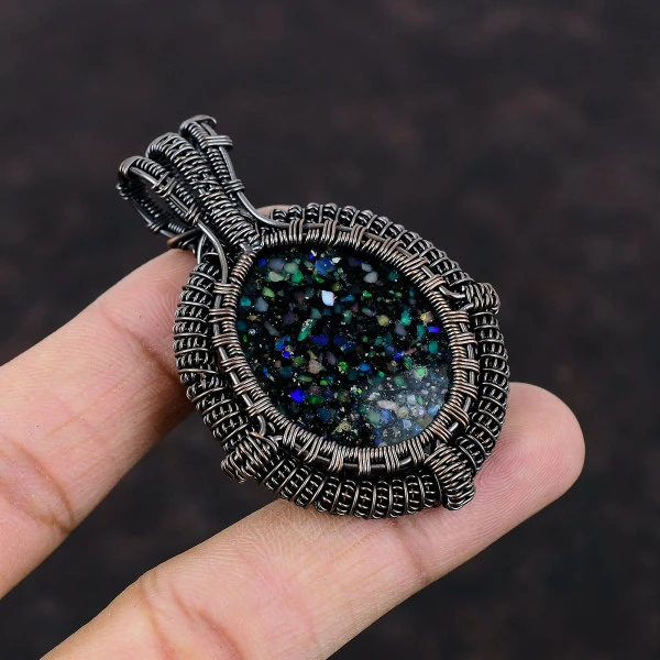 Black Ethiopian Opal Oval Black Handmade Copper Wire Wrapped Pendant