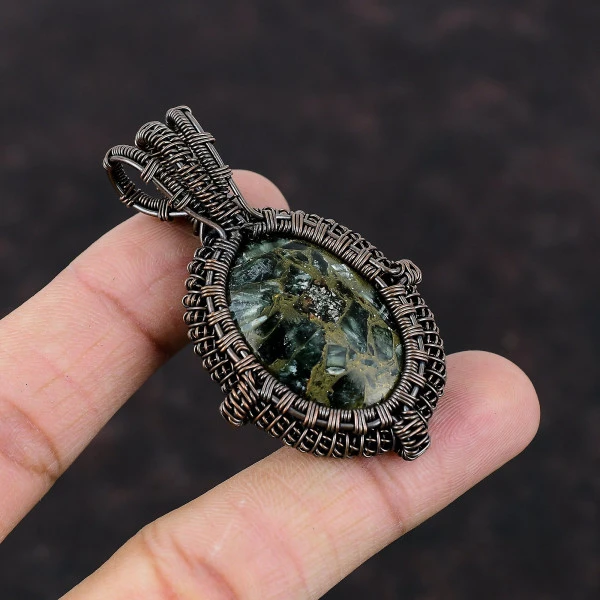 Copper Seraphinite Oval Green Handmade Copper Wire Wrapped Pendant