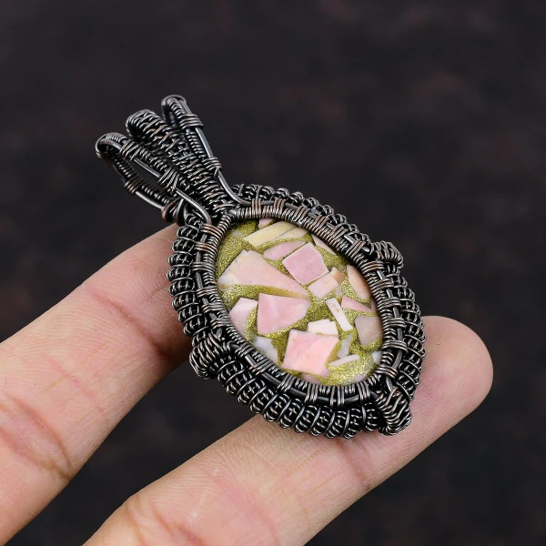 Copper Pink Opal Oval Pink Handmade Copper Wire Wrapped Pendant