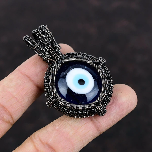 Blue Color Evil Eye Round Blue Handmade Copper Wire Wrapped Pendant