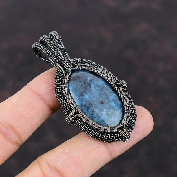 Ruby In Blue Kyanite Oval Blue Handmade Copper Wire Wrapped Pendant