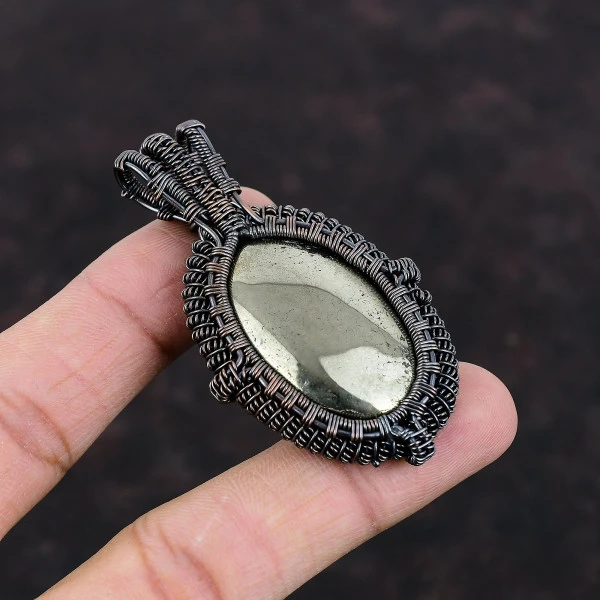 Apache Pyrite Oval Gold Handmade Copper Wire Wrapped Pendant