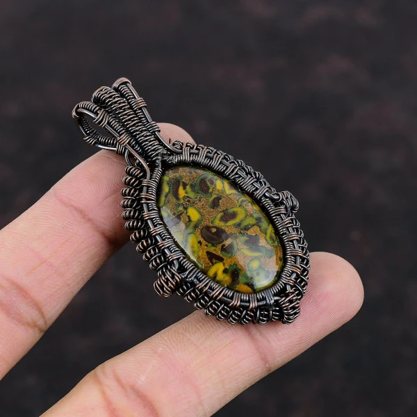 Fruit Jasper Oval Yellow Handmade Copper Wire Wrapped Pendant