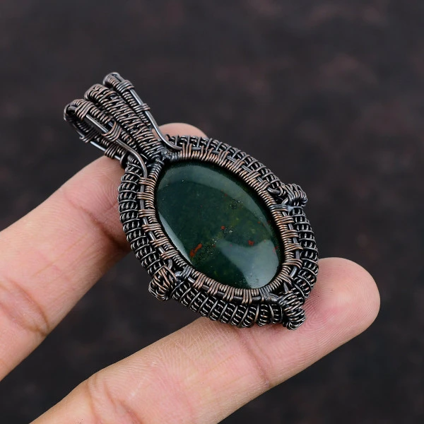 Bloodstone Oval Green Handmade Copper Wire Wrapped Pendant