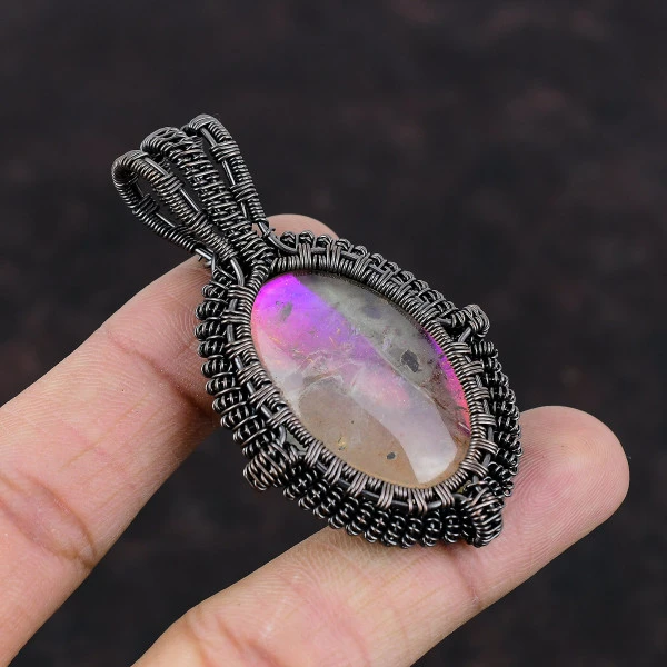 Rainbow Mystic Opal Oval White Handmade Copper Wire Wrapped Pendant