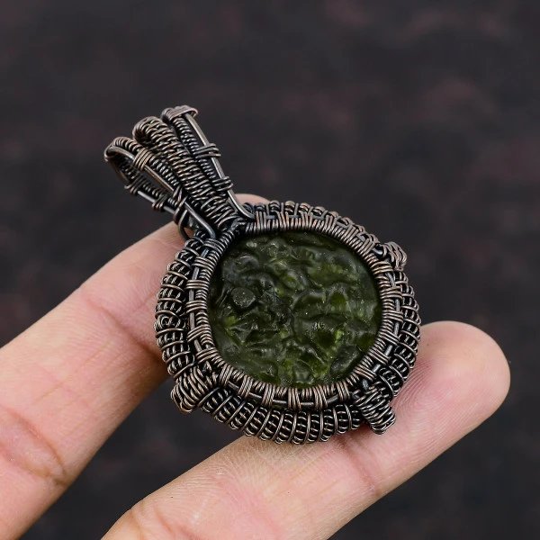 Moldavite Round Green Handmade Copper Wire Wrapped Pendant