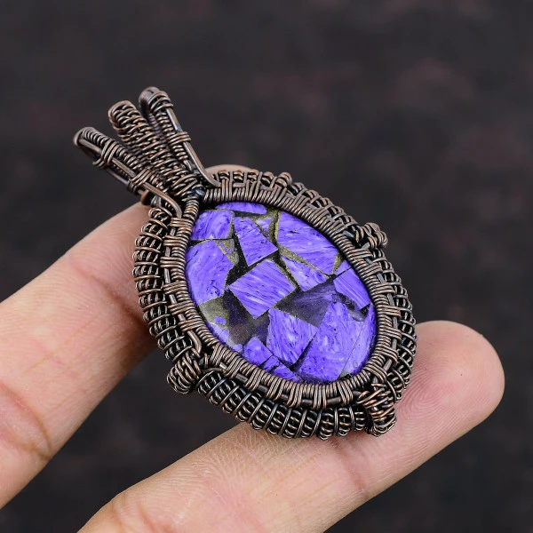 Copper Charoite Oval Purple Handmade Copper Wire Wrapped Pendant