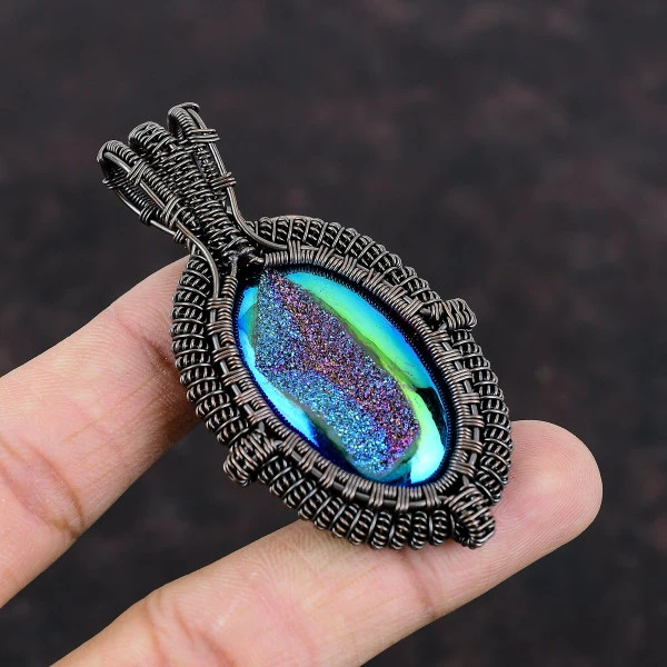 Titanium Druzy Oval Green Handmade Copper Wire Wrapped Pendant