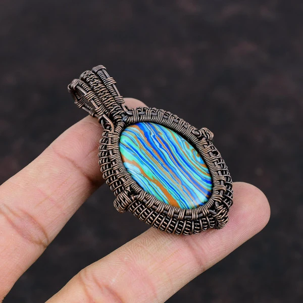Rainbow Calsilica Oval Blue Handmade Copper Wire Wrapped Pendant