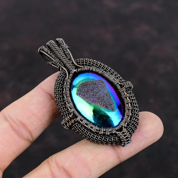 Titanium Druzy Oval Blue Handmade Copper Wire Wrapped Pendant