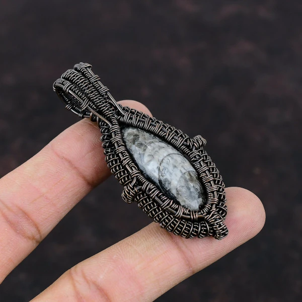 Orthoceras Fossil Pear Black Handmade Copper Wire Wrapped Pendant