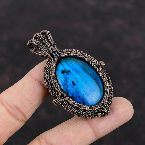 Neon Flash Labradorite Oval Blue Handmade Copper Wire Wrapped Pendant