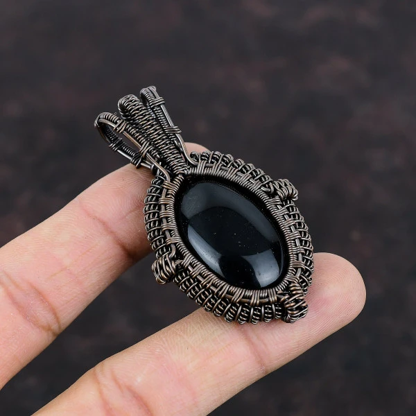 Black Onyx Oval Black Handmade Copper Wire Wrapped Pendant