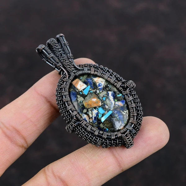 Copper Multi Turquoise Oval Blue Handmade Copper Wire Wrapped Pendant