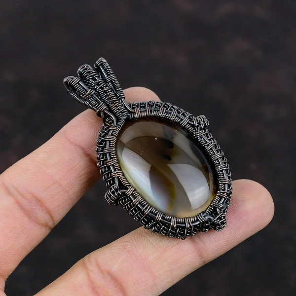 Montana Agate Oval Brown Handmade Copper Wire Wrapped Pendant