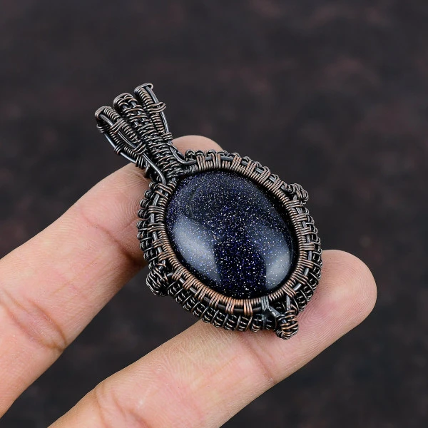 Blue Sunstone Oval Blue Handmade Copper Wire Wrapped Pendant