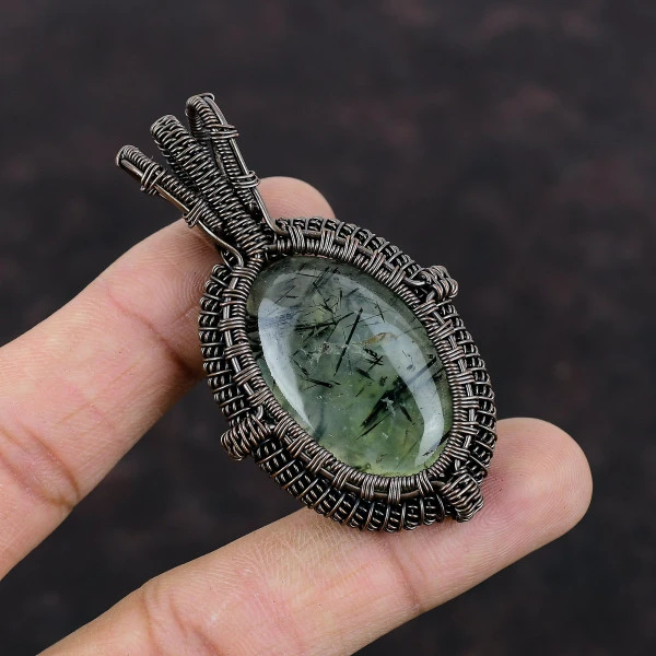 Moss Prehnite Oval Green Handmade Copper Wire Wrapped Pendant
