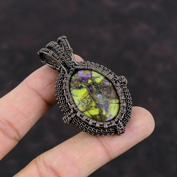 Copper Stichtite Oval Green Handmade Copper Wire Wrapped Pendant