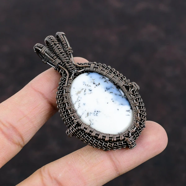 Dendrite Opal Oval White Handmade Copper Wire Wrapped Pendant