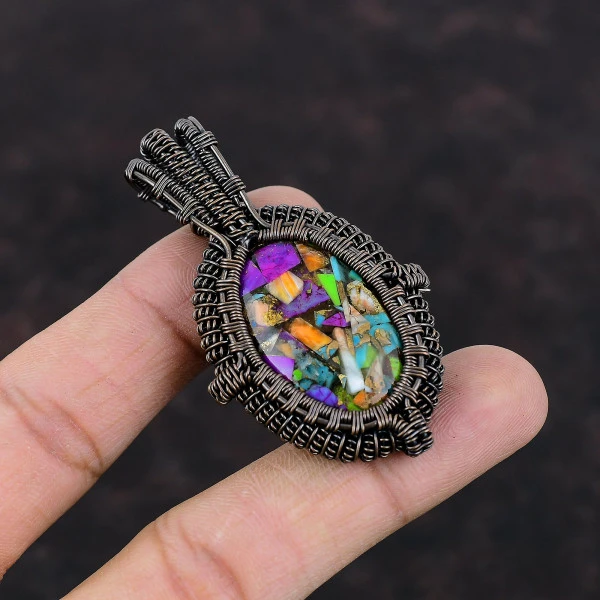 Fiesta Kingman Turquoise Oval Purple Handmade Copper Wire Wrapped Pendant
