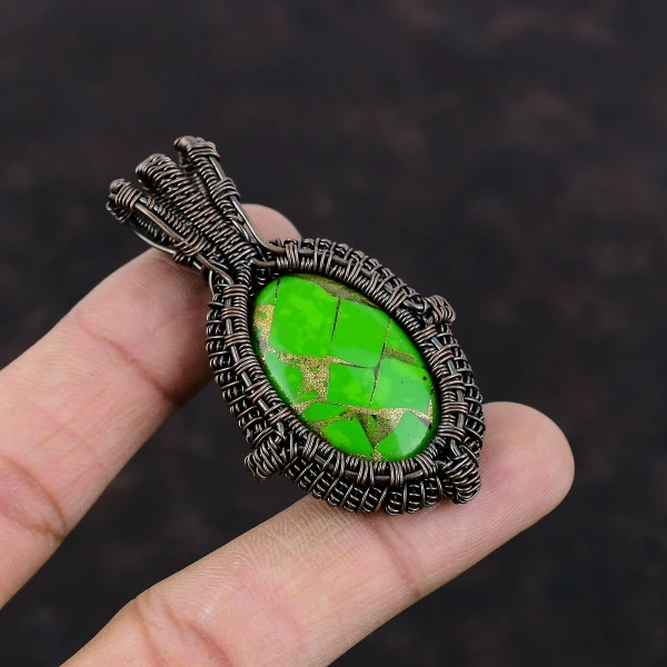 Copper Green Turquoise Oval Green Handmade Copper Wire Wrapped Pendant