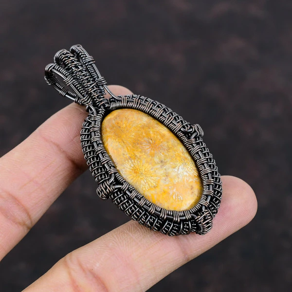 Fossil Coral Oval Yellow Handmade Copper Wire Wrapped Pendant