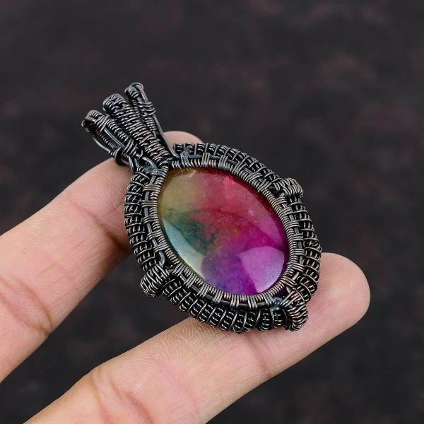 Rainbow Solar Quartz Druzy Oval Pink Handmade Copper Wire Wrapped Pendant