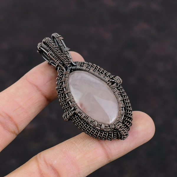 Rose Quartz Oval Pink Handmade Copper Wire Wrapped Pendant