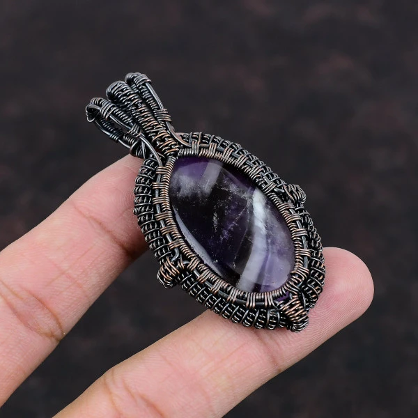 Chevron Amethyst Oval Purple Handmade Copper Wire Wrapped Pendant