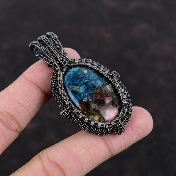 Watermelon Tourmaline Oval Blue Handmade Copper Wire Wrapped Pendant