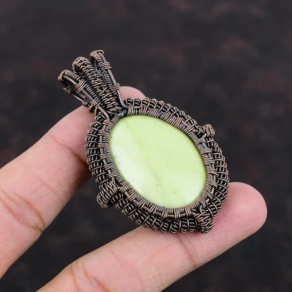 Serpentine Oval Green Handmade Copper Wire Wrapped Pendant