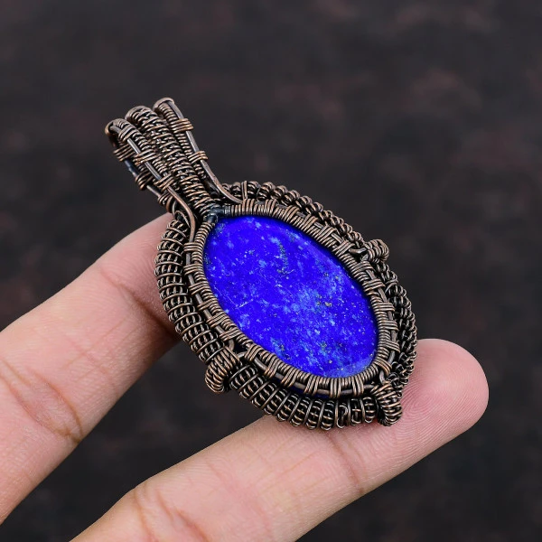 Lapis Lazuli Oval Blue Handmade Copper Wire Wrapped Pendant
