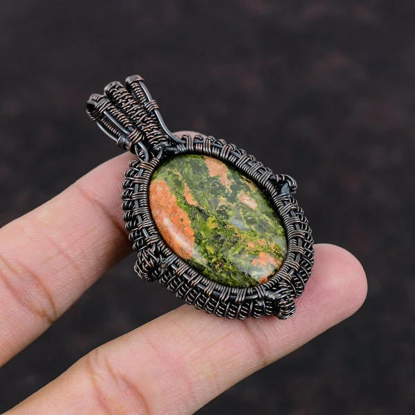 Unakite Oval Green Handmade Copper Wire Wrapped Pendant